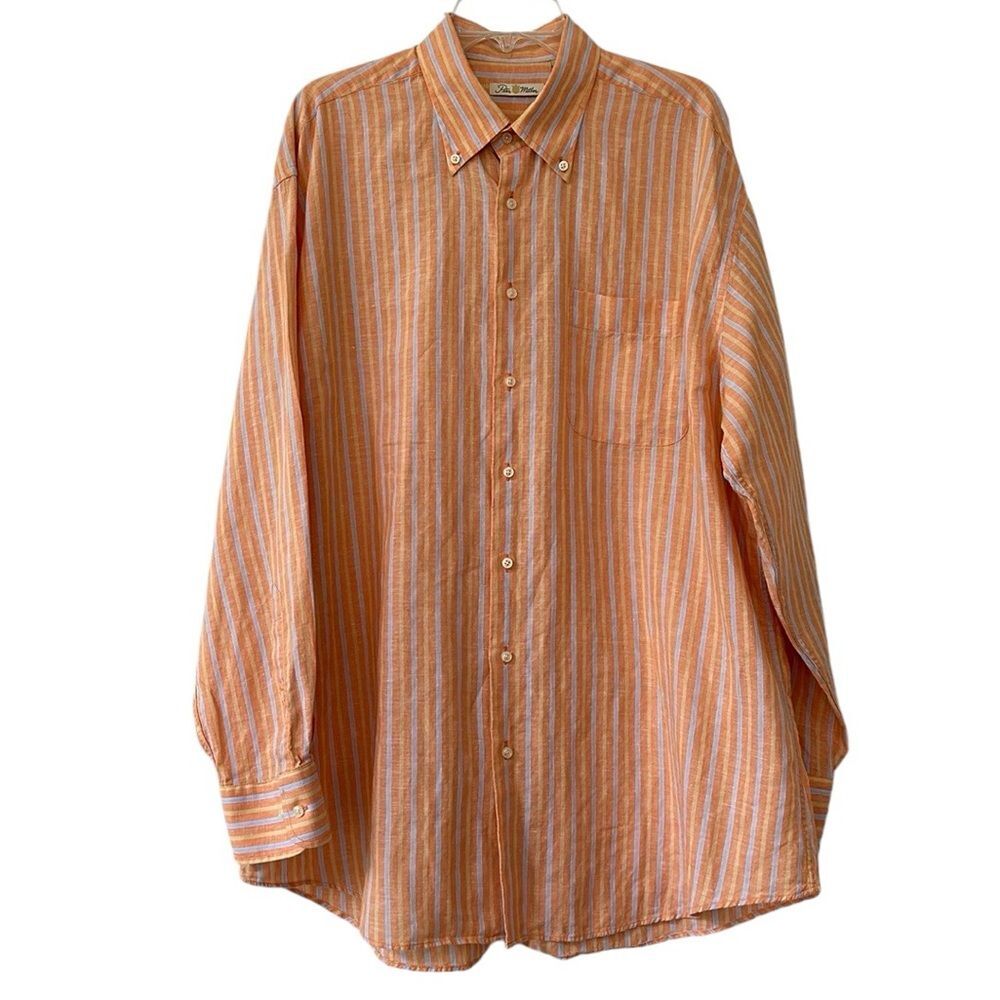 Peter Millar Linen Blend Button Down Shirt XL Orange Striped